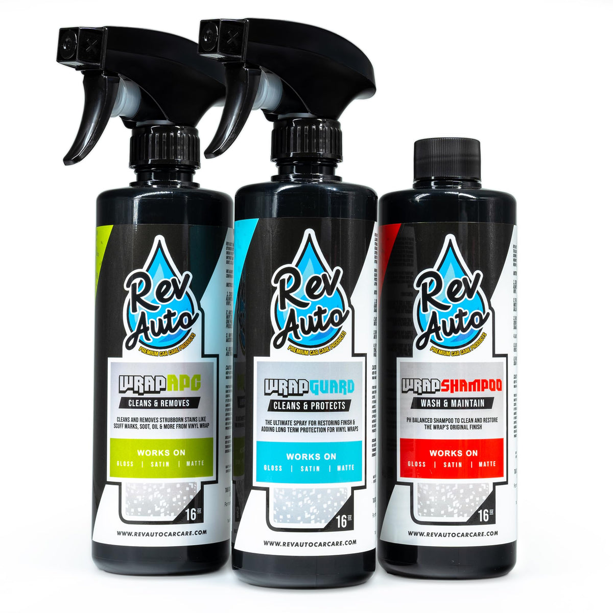 Rev Auto front packaging showing three-piece kit and clear benefits