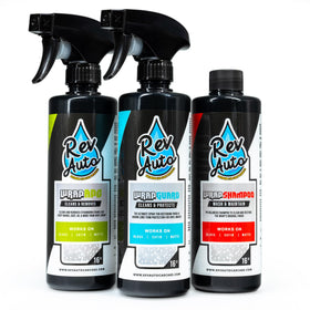 Rev Auto front packaging showing three-piece kit and clear benefits