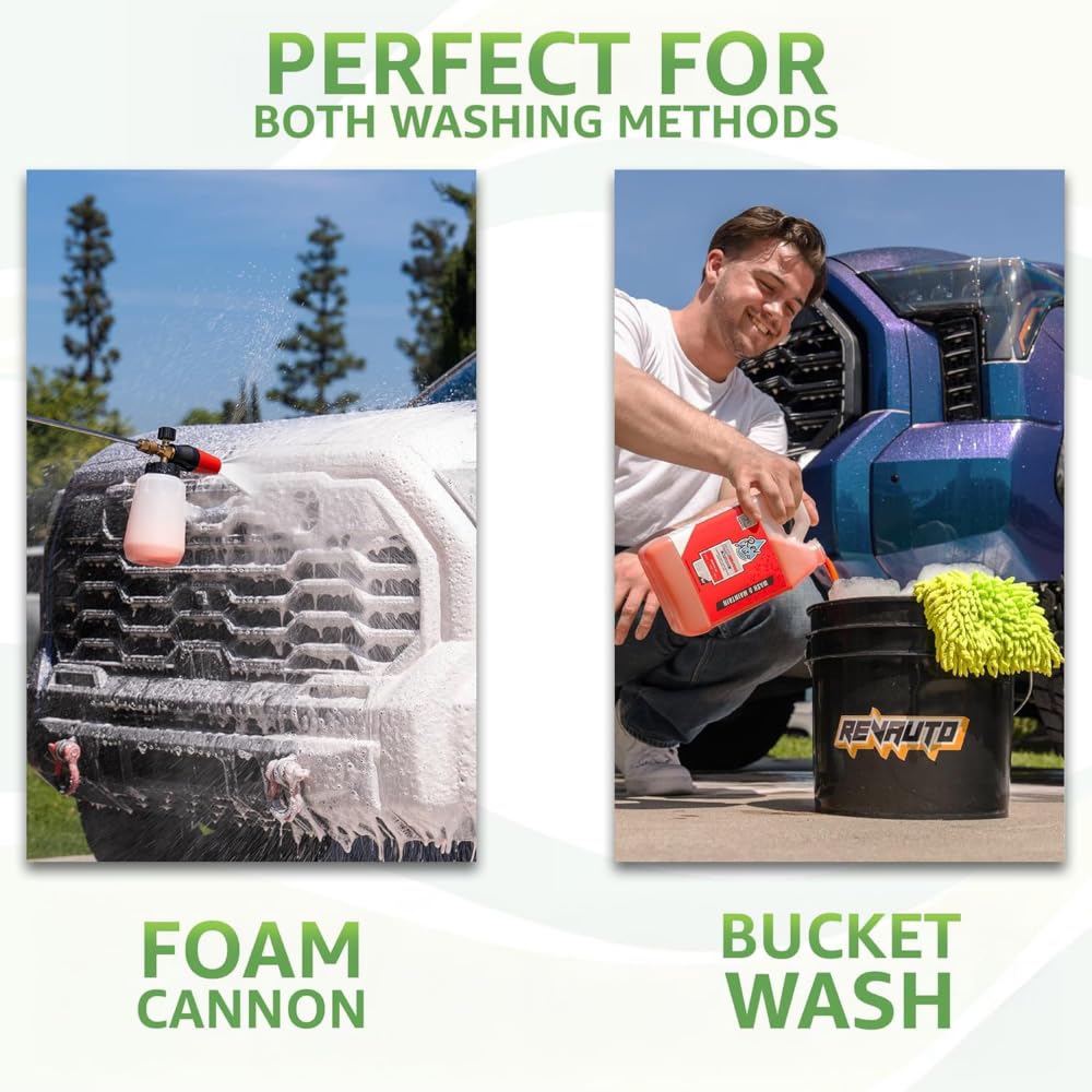 Rev Auto driveway wash setup with bottle, mitt, and foam cannon for easy maintenance
