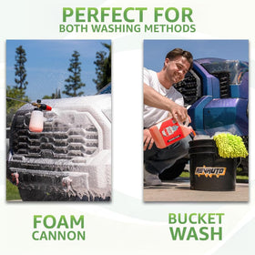 Rev Auto driveway wash setup with bottle, mitt, and foam cannon for easy maintenance