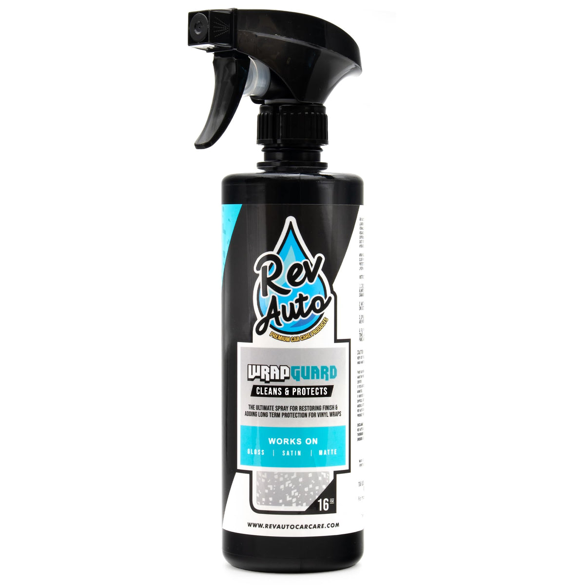 Rev Auto front bottle view showing label and 16 fl oz size, protects wraps