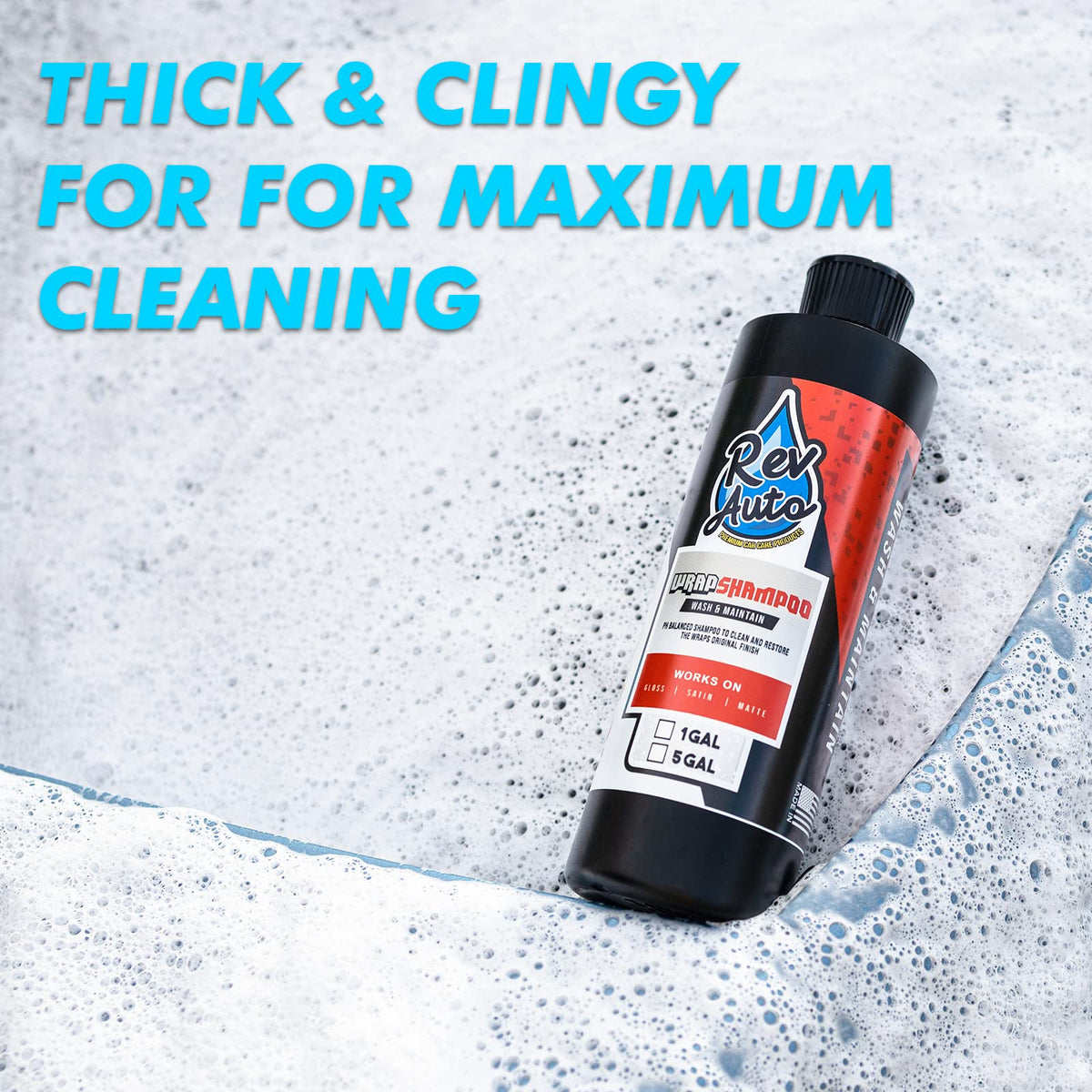 Rev Auto foam cannon producing thick foam on a wrapped car, safer cleaning