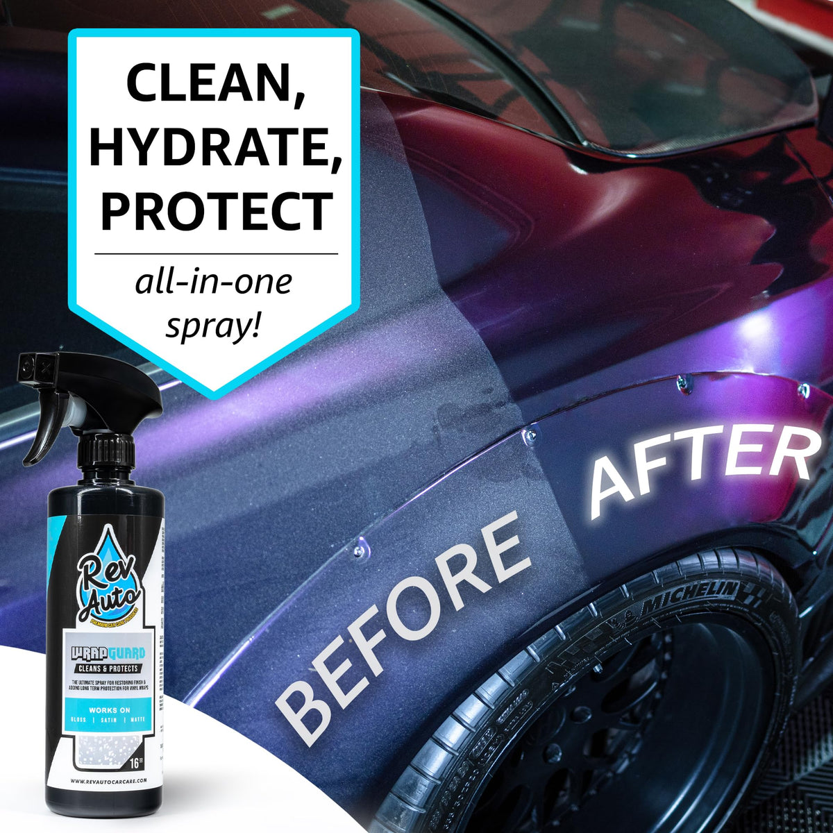 Rev Auto wrap shampoo being poured to create safe foam for washing