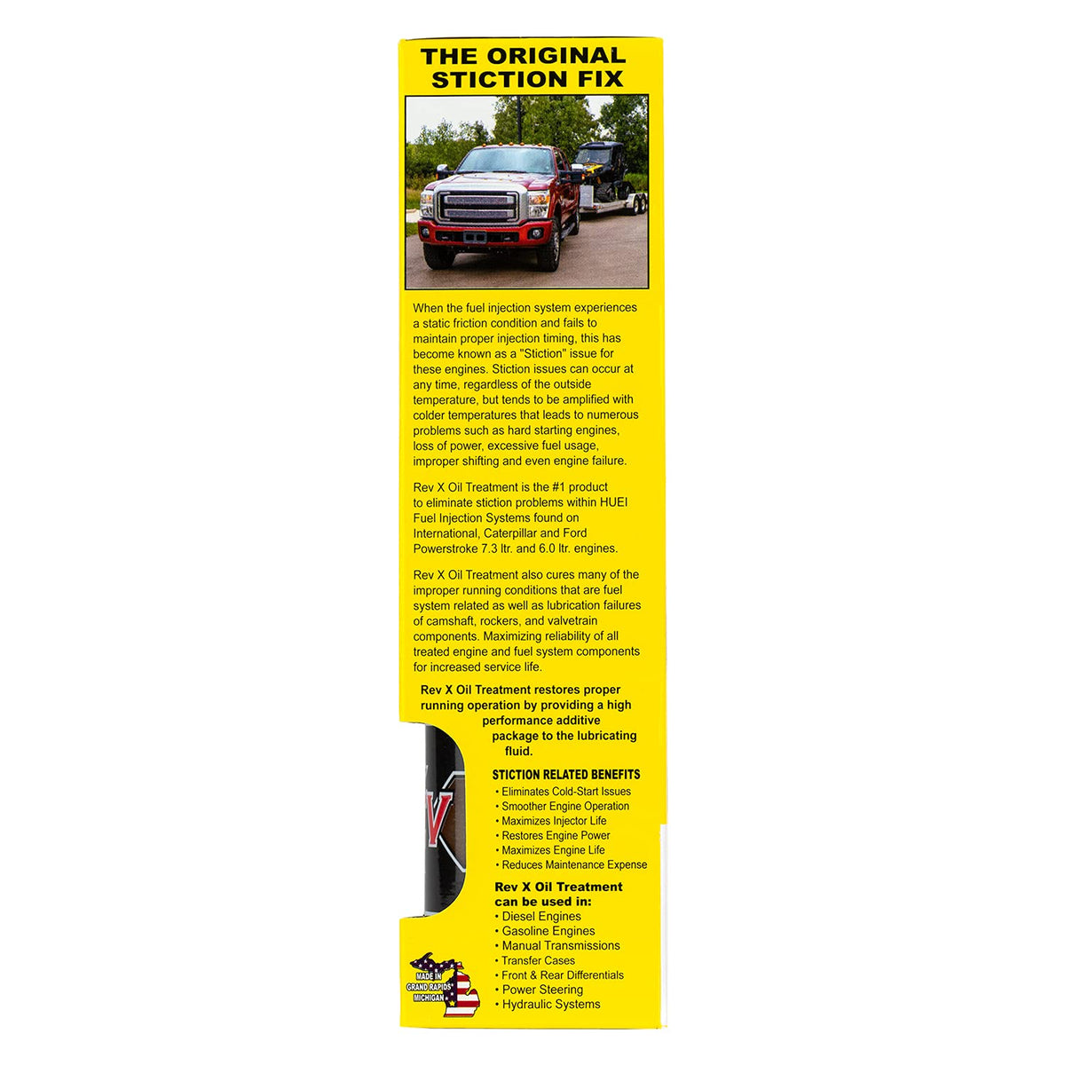 REV X label detail and instructions emphasizing safe compatibility with oils