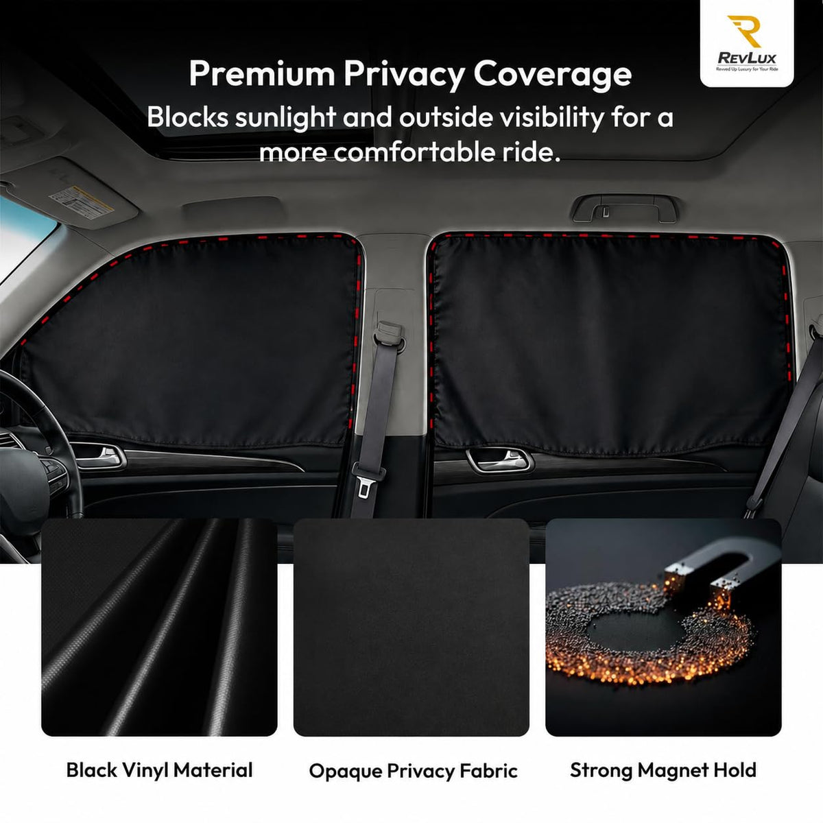 RevLux installed on driver-side window demonstrating instant privacy and glare reduction