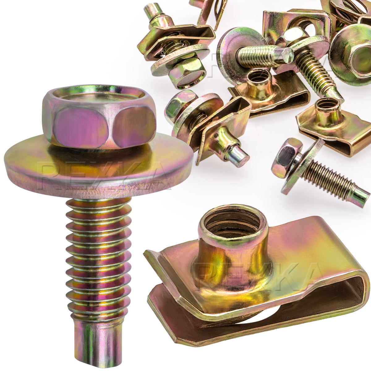 Rexka 10-set bolts and U-nuts kit front view showing contents and packaging benefit