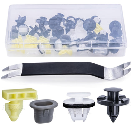 Rexka front kit packaging showing full 46-piece clip selection and quick identification benefits