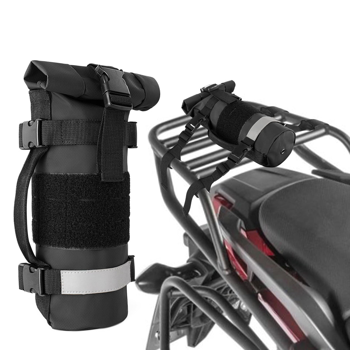 Rexmica front view showing secure fuel bottle fit and quick access