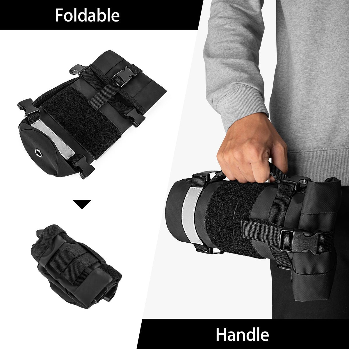 Rexmica pouch mounted on motorcycle frame for stable transport