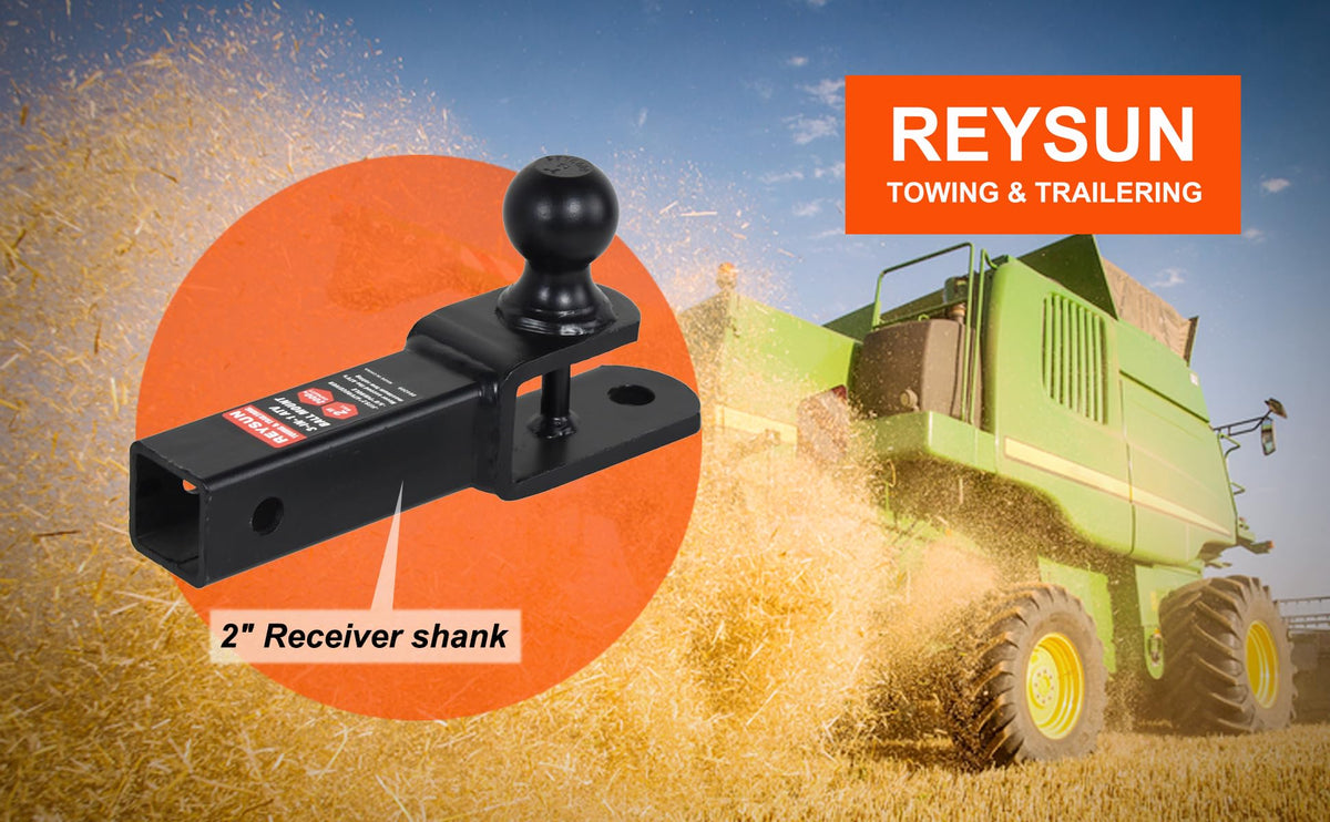 REYSUN hitch next to measuring tape showing size and fit for 2" receiver, clear sizing benefit