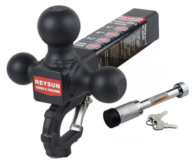 REYSUN tri-ball mount front view showing three hitch balls and latch, durable versatility
