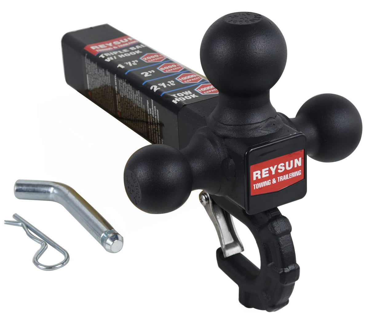 REYSUN front view of tri-ball hitch showing all three ball sizes and hook, space-saving benefit