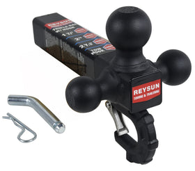 REYSUN front view of tri-ball hitch showing all three ball sizes and hook, space-saving benefit