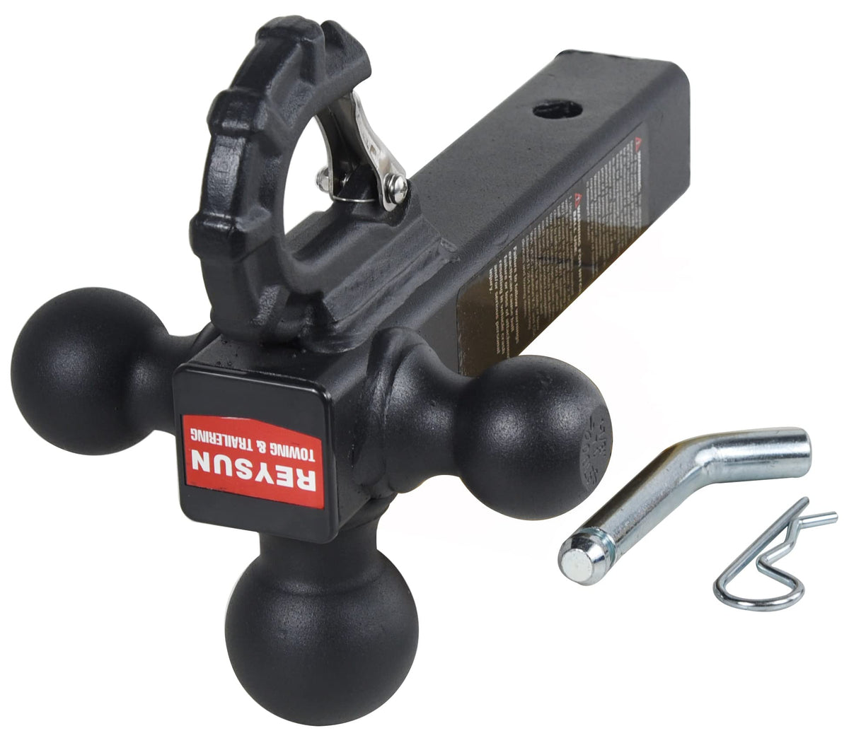 REYSUN side profile of forged tri-ball hitch highlighting matte black finish and durability
