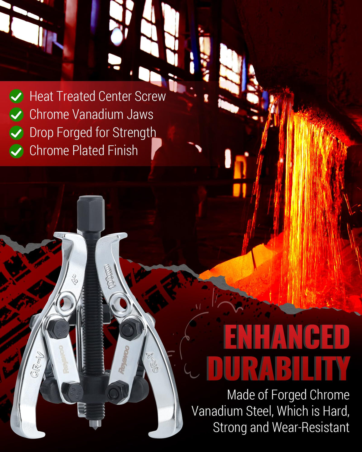 Reywoo three-jaw assembly gripping a bearing for balanced extraction advantage