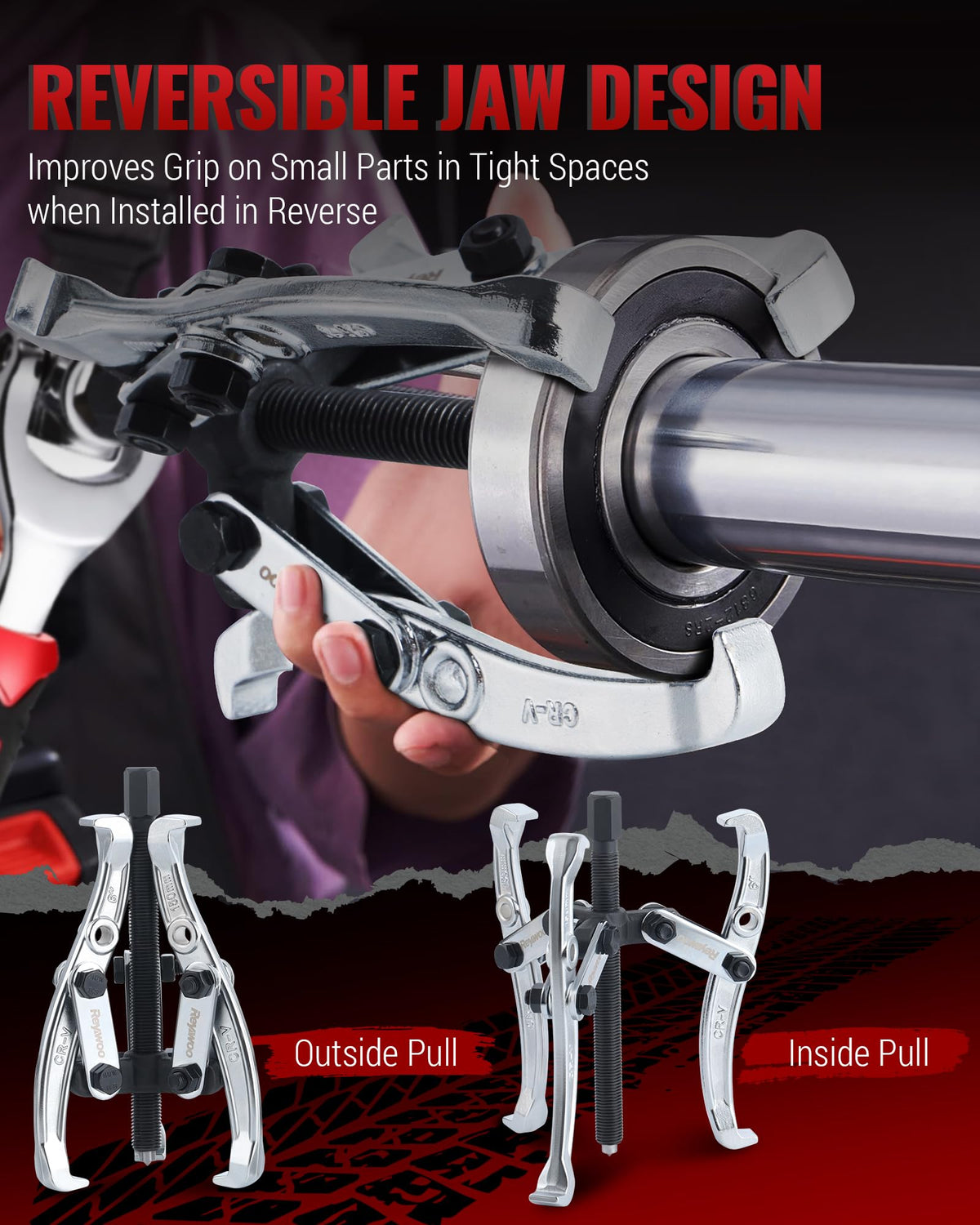 Reywoo two-jaw setup pulling a pulley inside bore for tight-space access