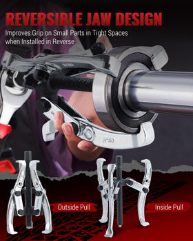 Reywoo two-jaw setup pulling a pulley inside bore for tight-space access