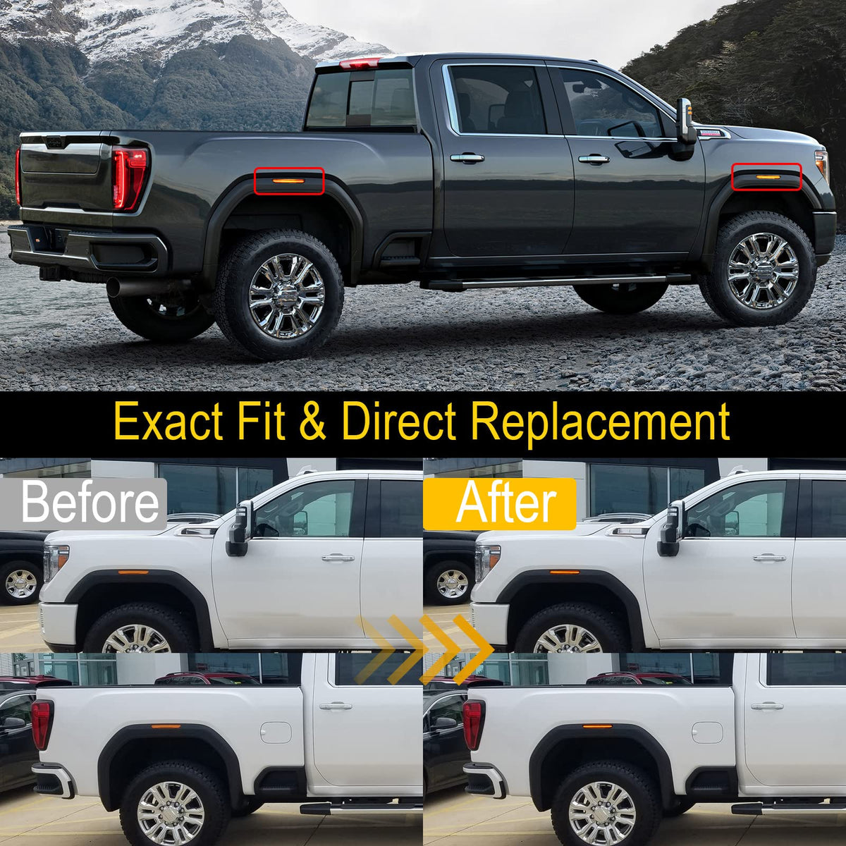 R&F Auto installed on Sierra side demonstrating plug‑and‑play fit and factory alignment