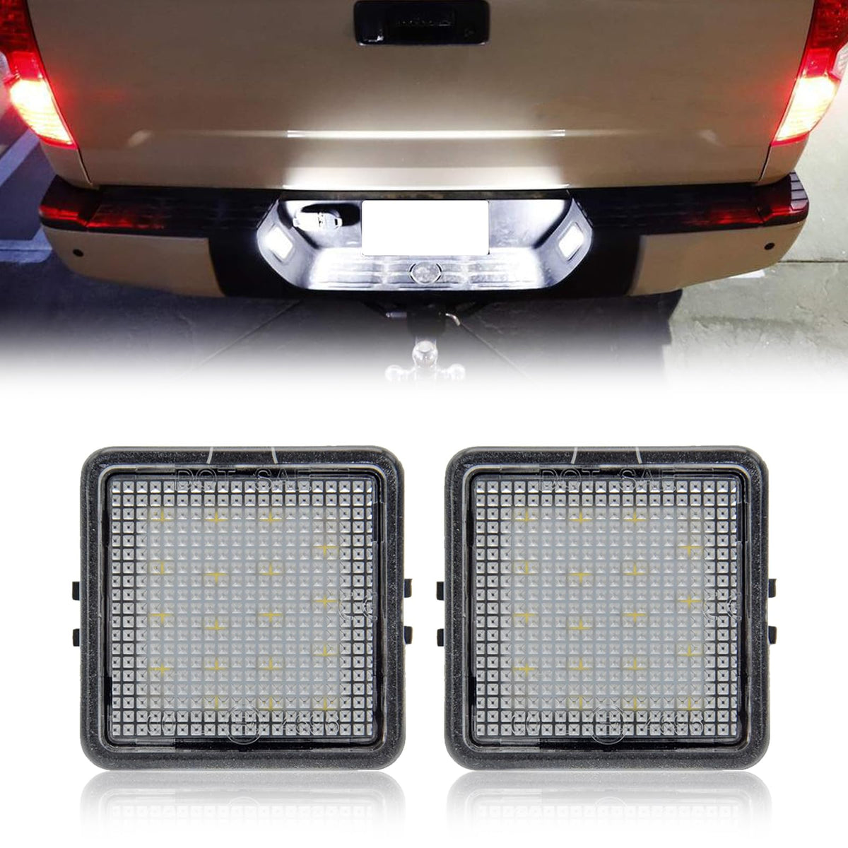 R&F Auto front view of license plate light showing exact fit and clean finish
