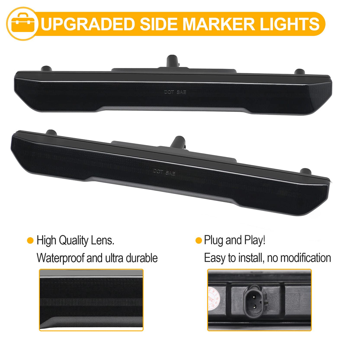 R&F Auto rear amber side marker assembly pictured for direct replacement and compliance