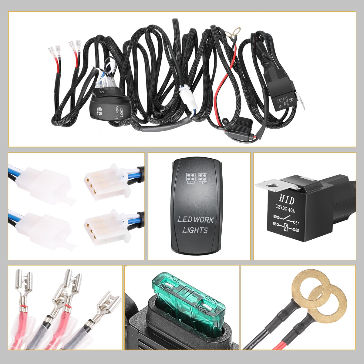 Rfroad Lighting harness laid next to tape measure showing 11.4ft length benefit: flexible mounting reach