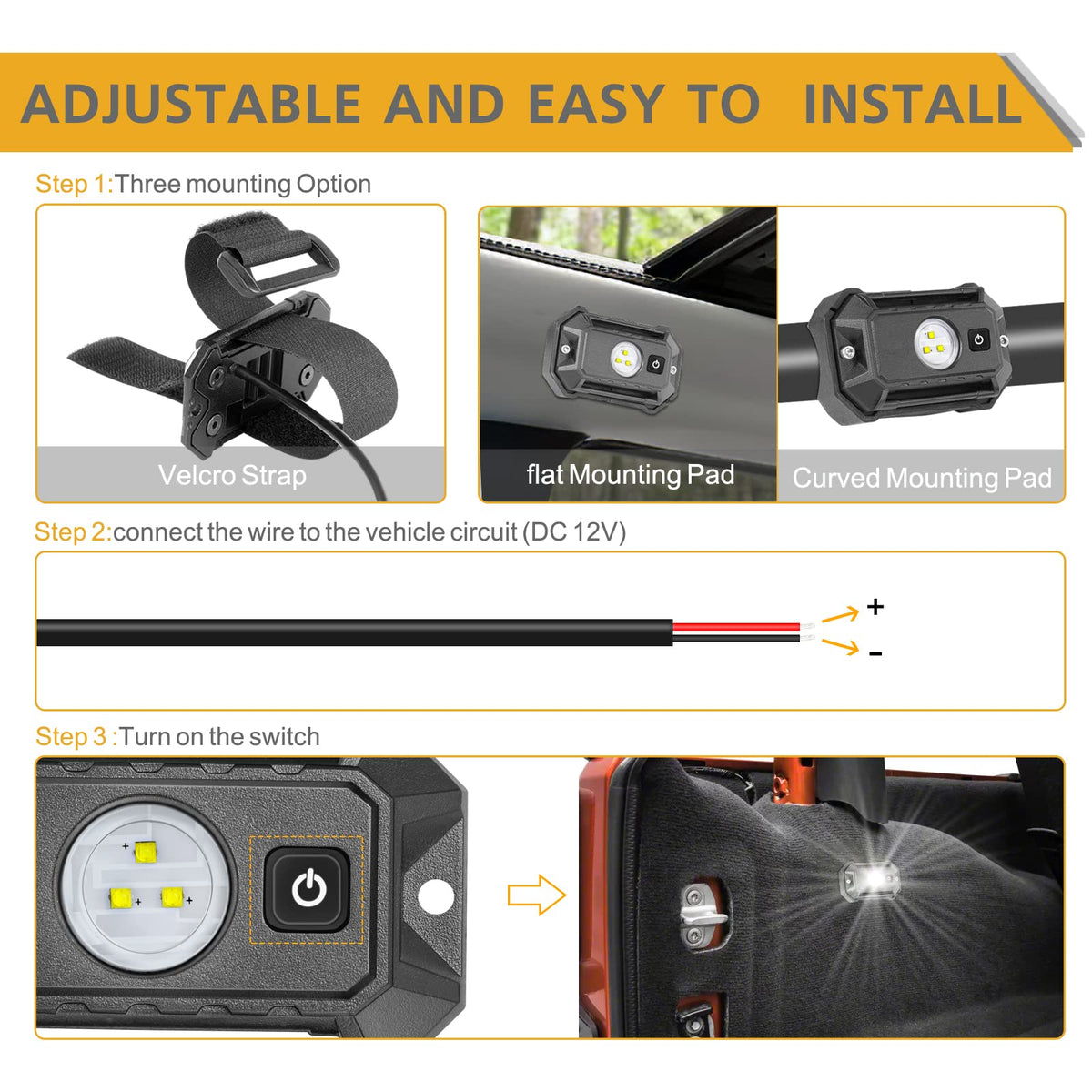 Rfroad Lighting included curved and flat mounting pads with Velcro strap for easy install