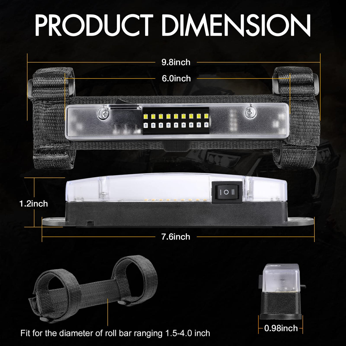 Rfroad Lighting Velcro strap wrapped around a roll cage highlighting versatile mounting options