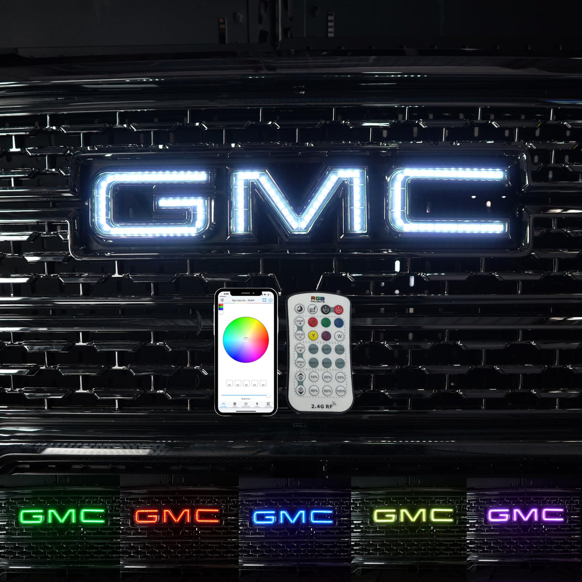 RGB Halo Kits GMC front-view emblem glowing with vivid color and curb appeal