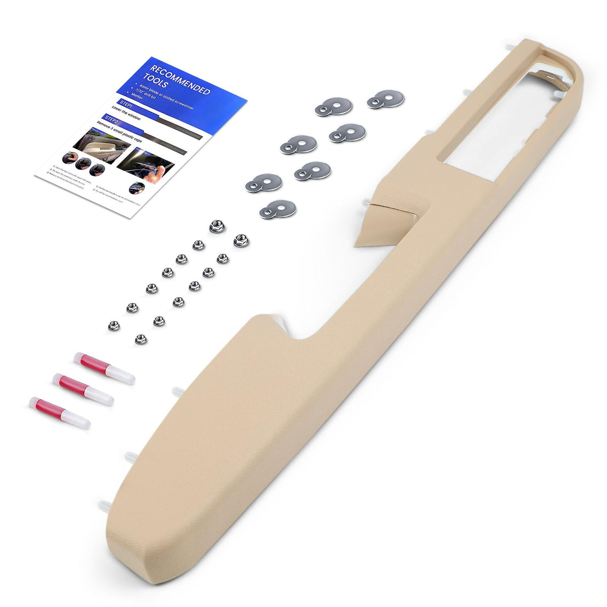 RHAOCZIYAUTO packaging showing tan front armrest, protects part during shipping