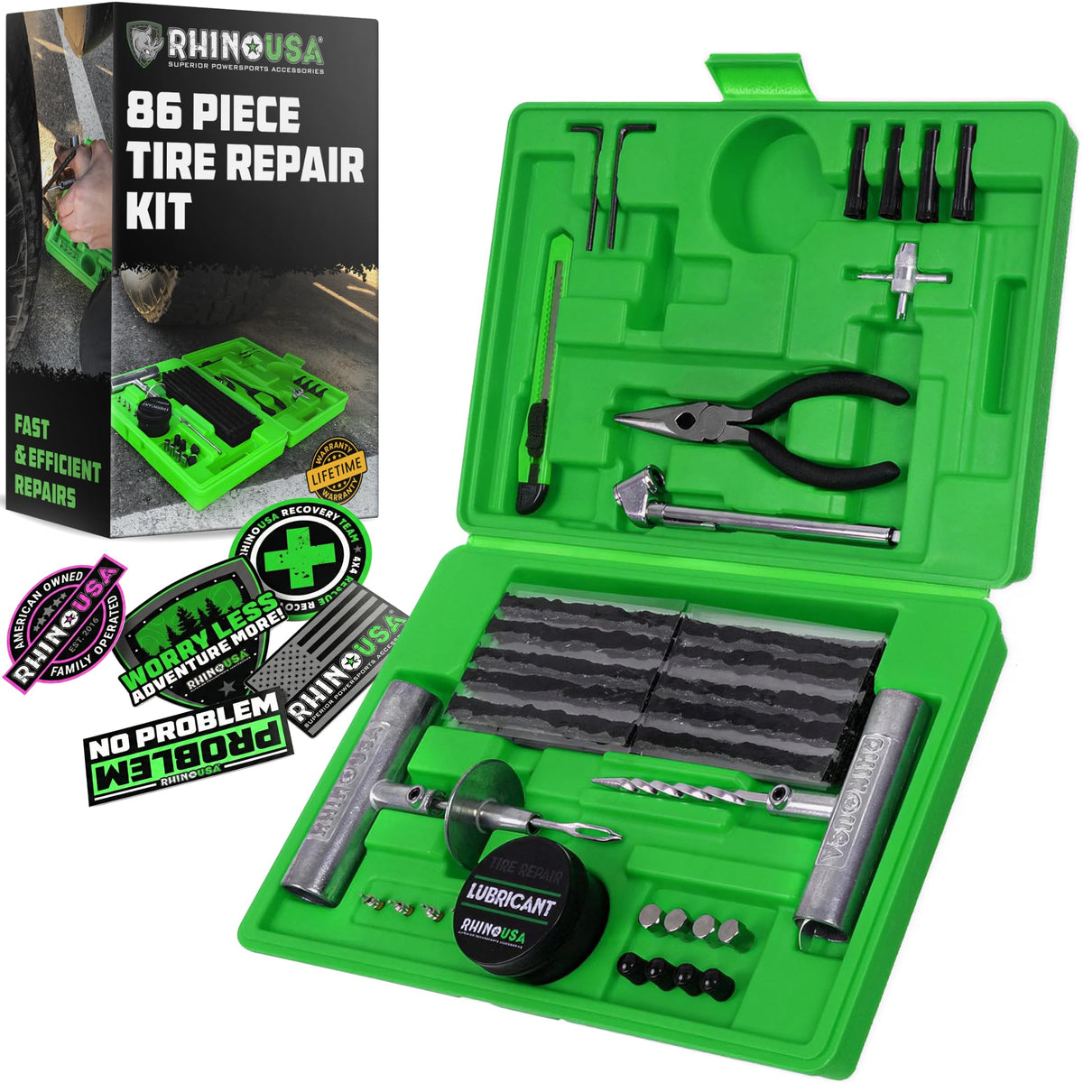 Rhino USA open case showing organized 86-piece kit for fast roadside repairs