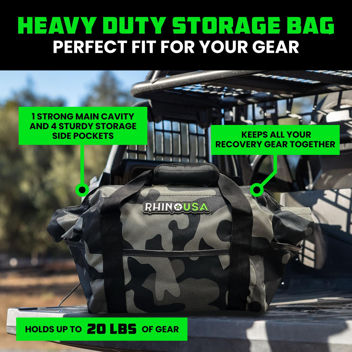 Rhino USA close-up of reinforced seam and HD buckle providing strength and security