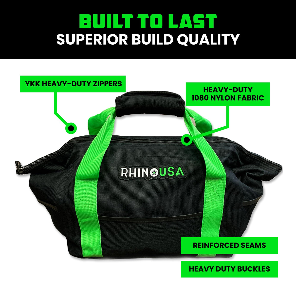 Rhino USA detailed shot of reinforced stitching and metal hardware extending product lifespan