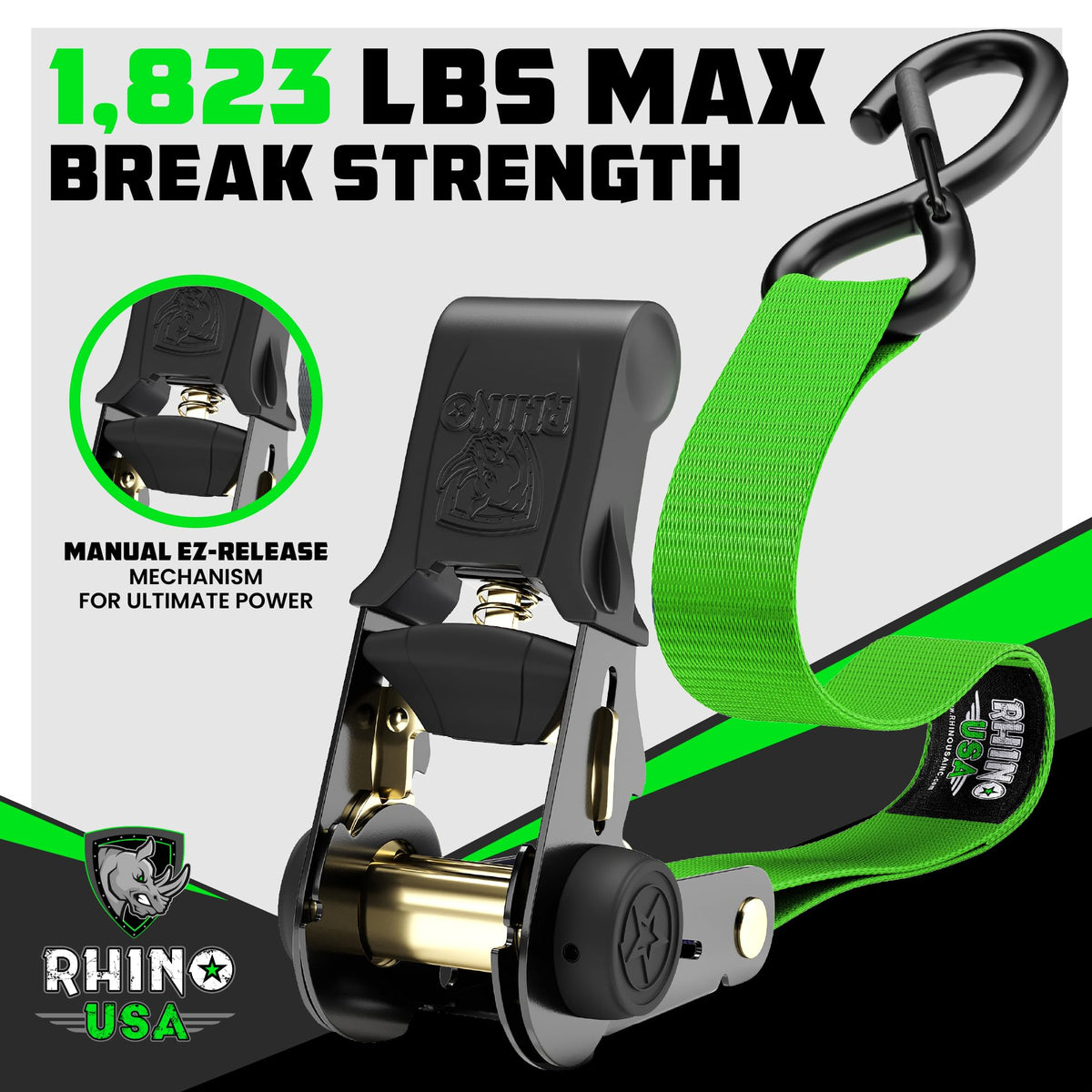 Rhino USA close-up of electro-plated zinc ratchet showing corrosion resistance benefit