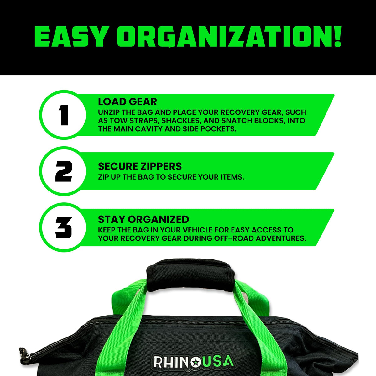 Rhino USA packed with recovery straps, shackles, gloves showing efficient organization benefits