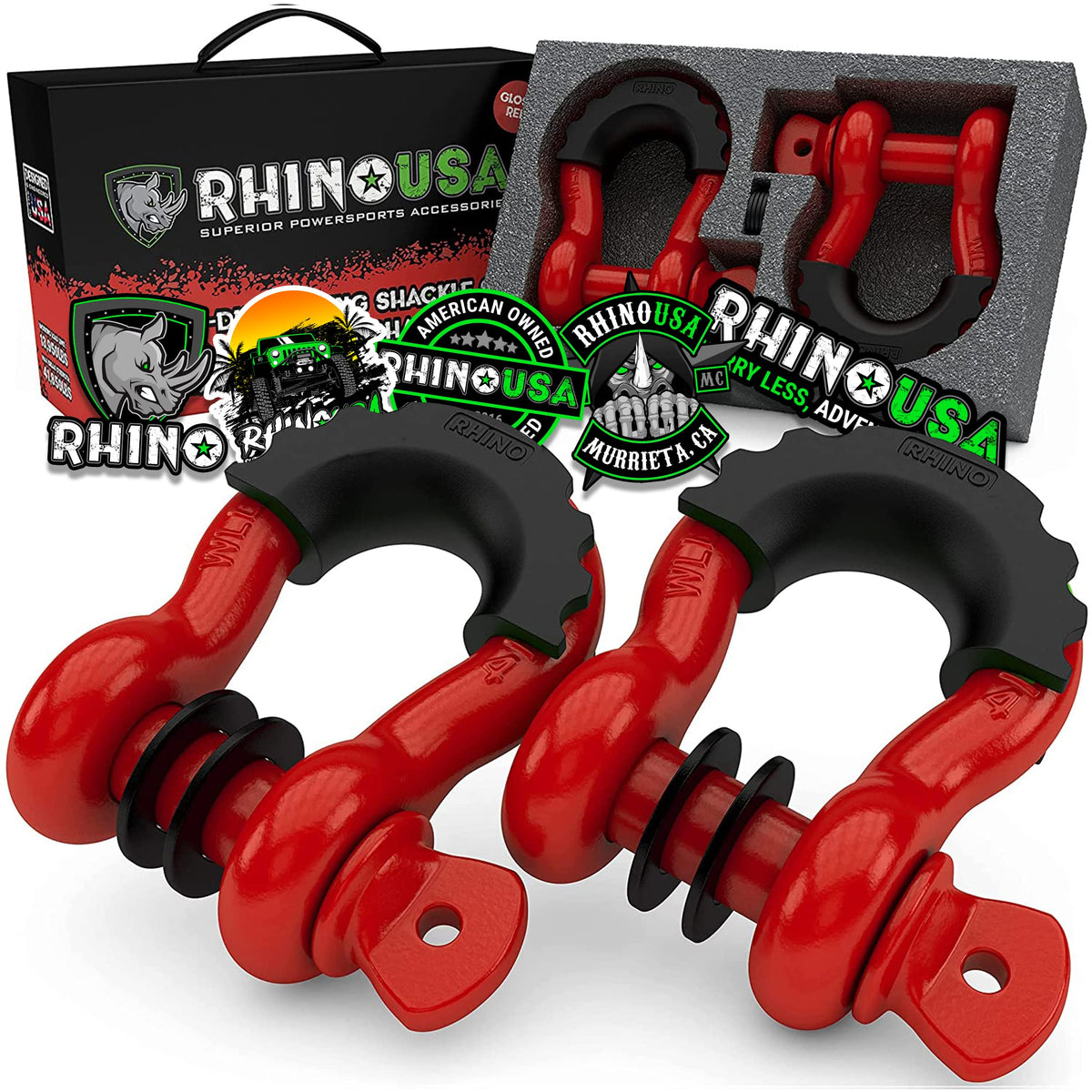 Rhino USA front packaging showing two D ring shackles and included parts for durable attachment
