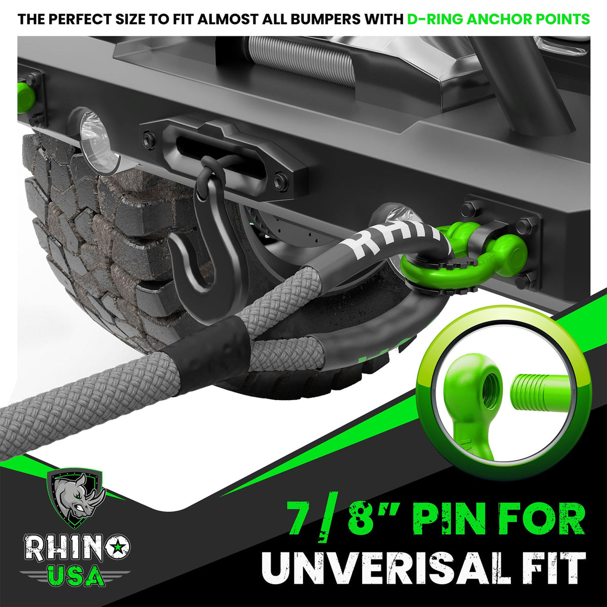 Rhino USA shackle mounted on aftermarket bumper for strong attachment