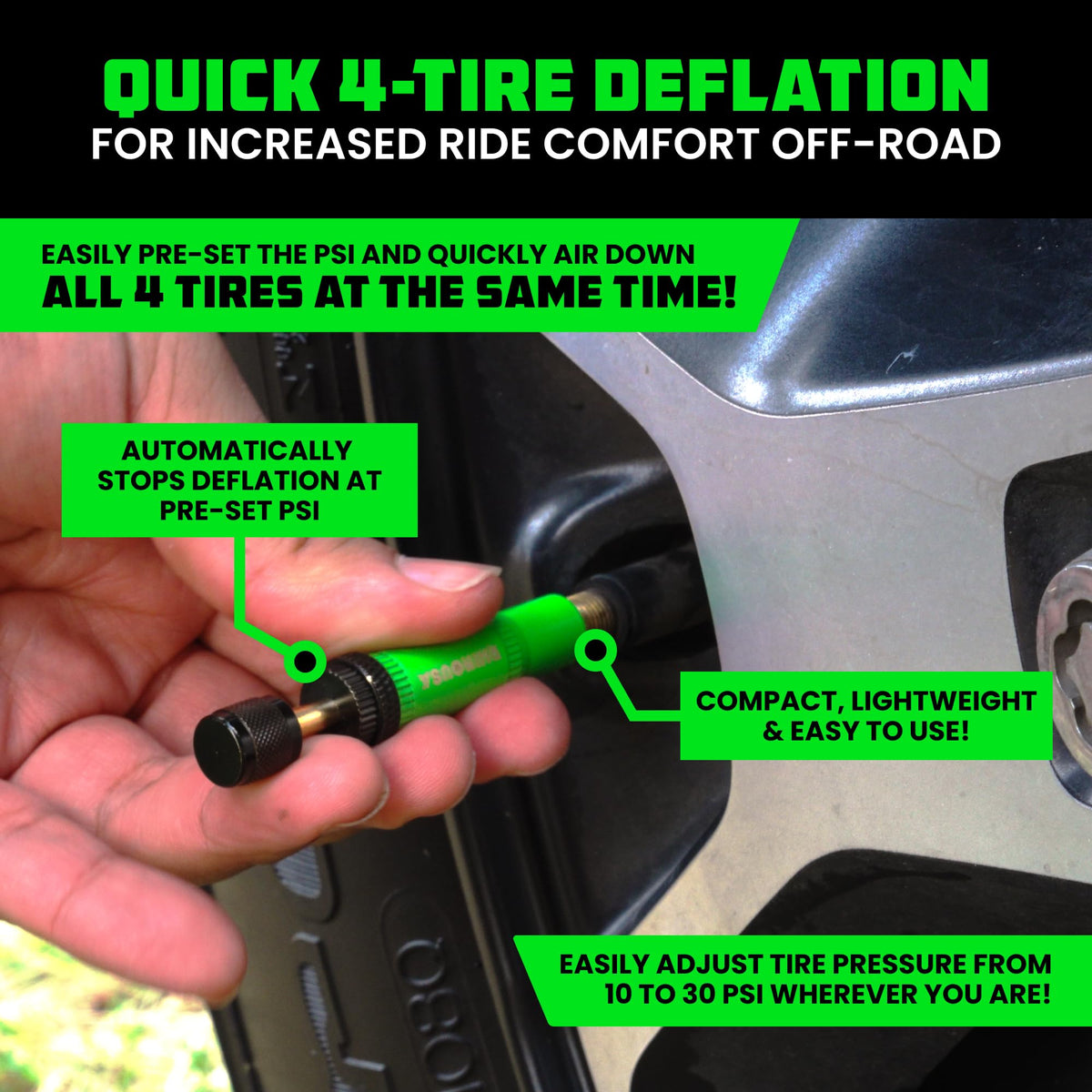 Rhino USA deflator attached to tire valve demonstrating hands-free simultaneous air-down