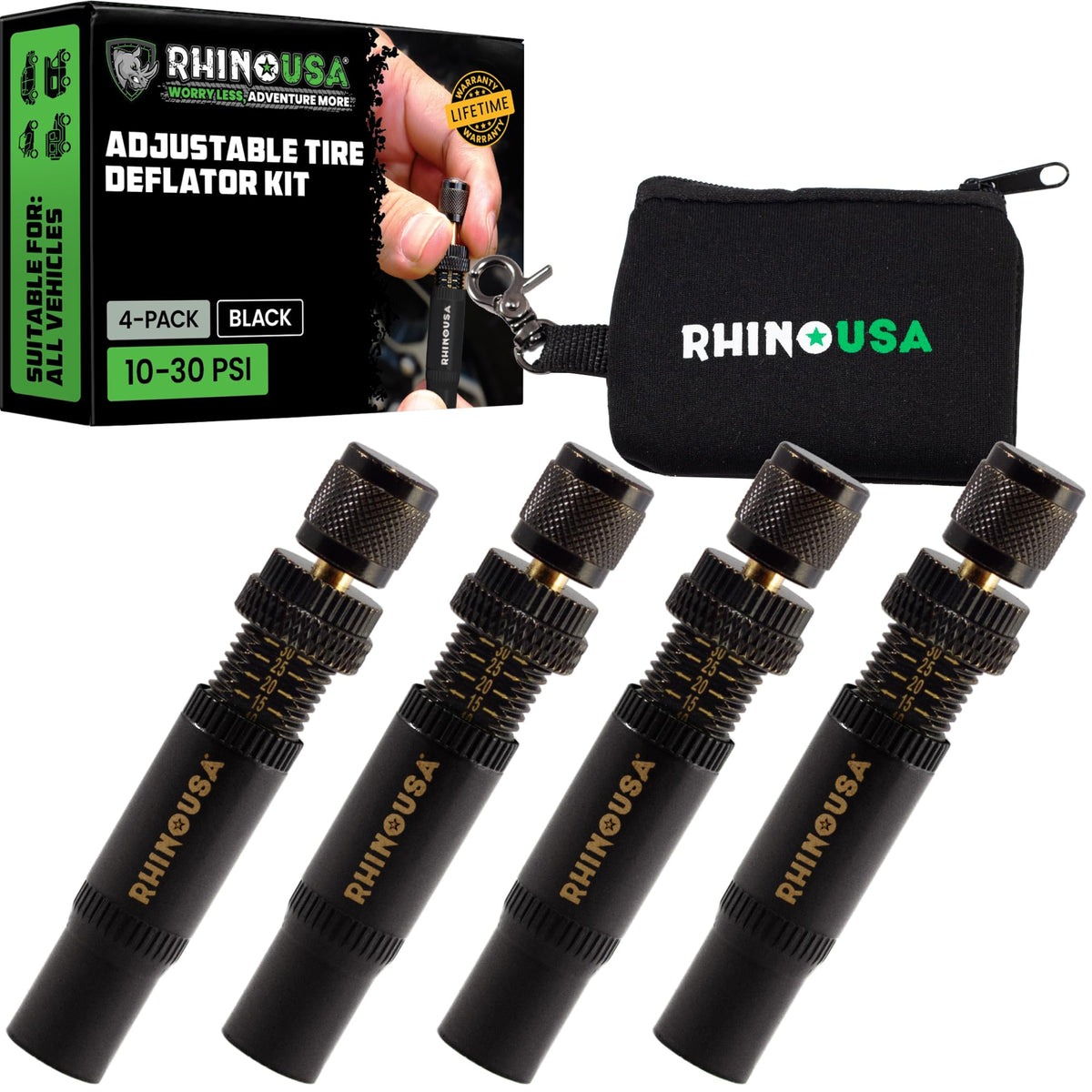 Rhino USA deflator kit front view showing four tools and pouch for quick identification and storage