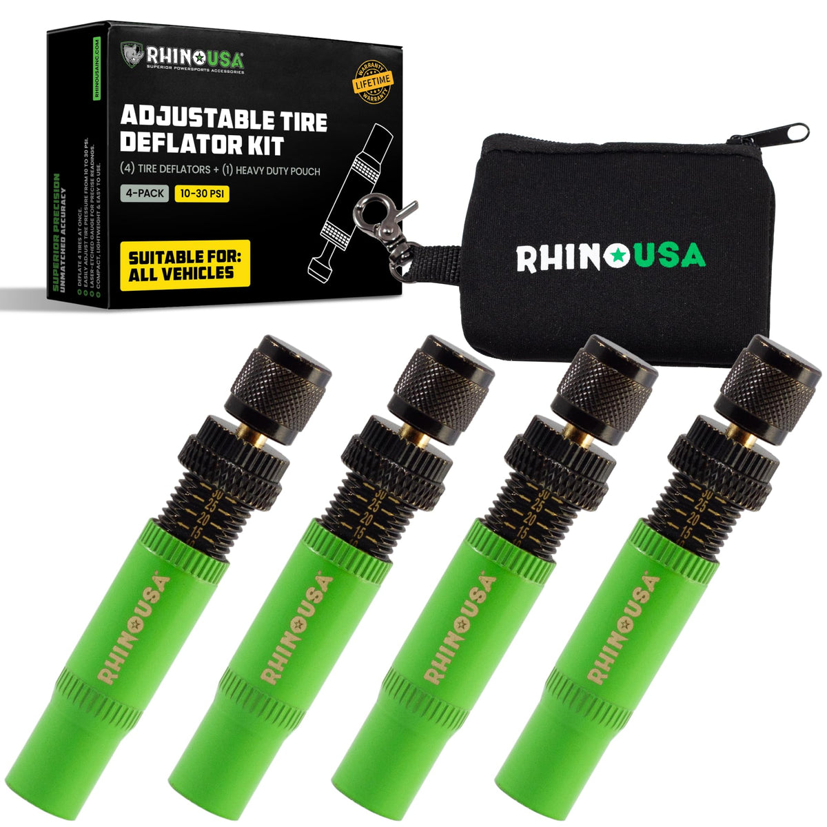 Rhino USA deflator kit front packaging showing included four-piece set and pouch benefits
