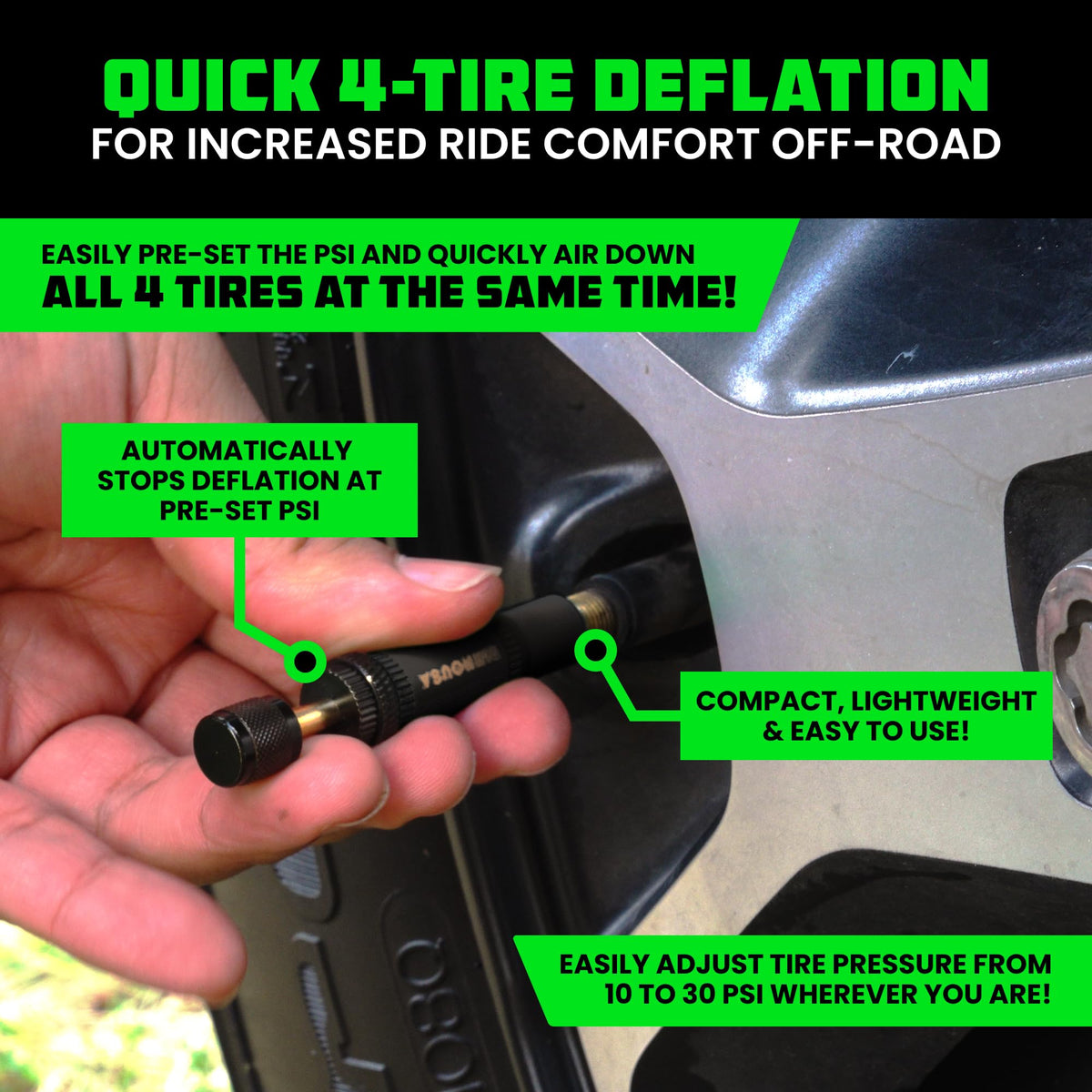 Rhino USA deflator attached to a valve stem demonstrating easy installation and hands-free airing down