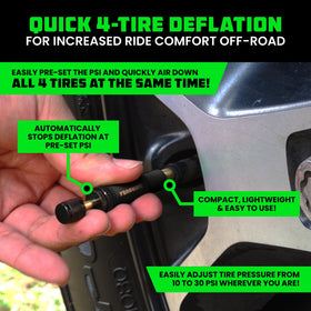 Rhino USA deflator attached to a valve stem demonstrating easy installation and hands-free airing down