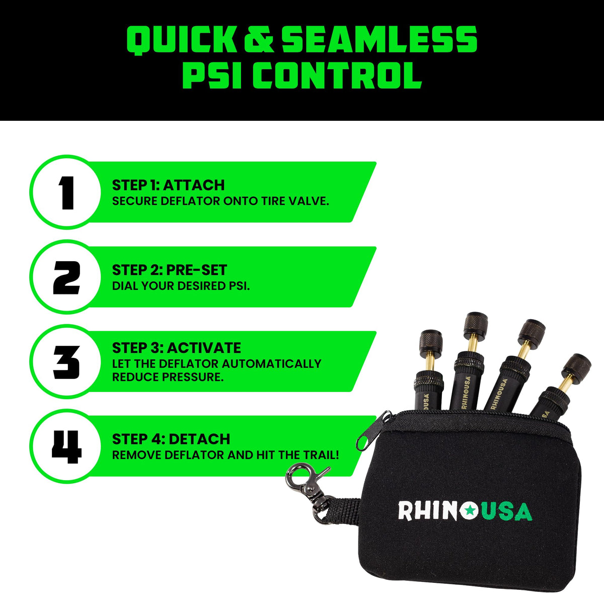 Rhino USA deflator beside ruler and coin showing compact size for convenient off-road packing