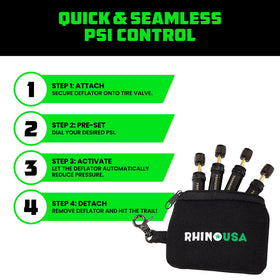 Rhino USA deflator beside ruler and coin showing compact size for convenient off-road packing