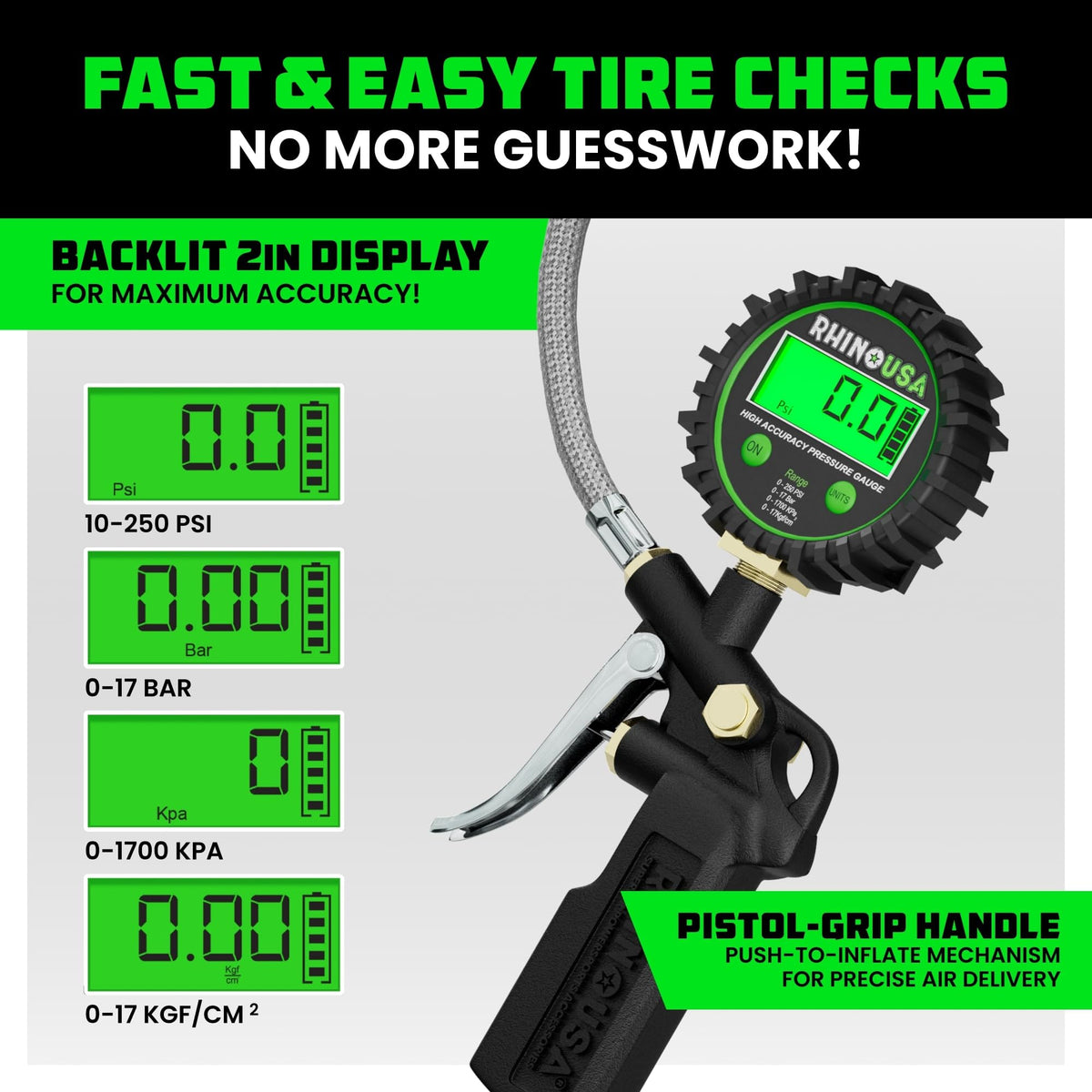 Rhino USA digital gauge closeup with clear backlit readout for accurate measurements