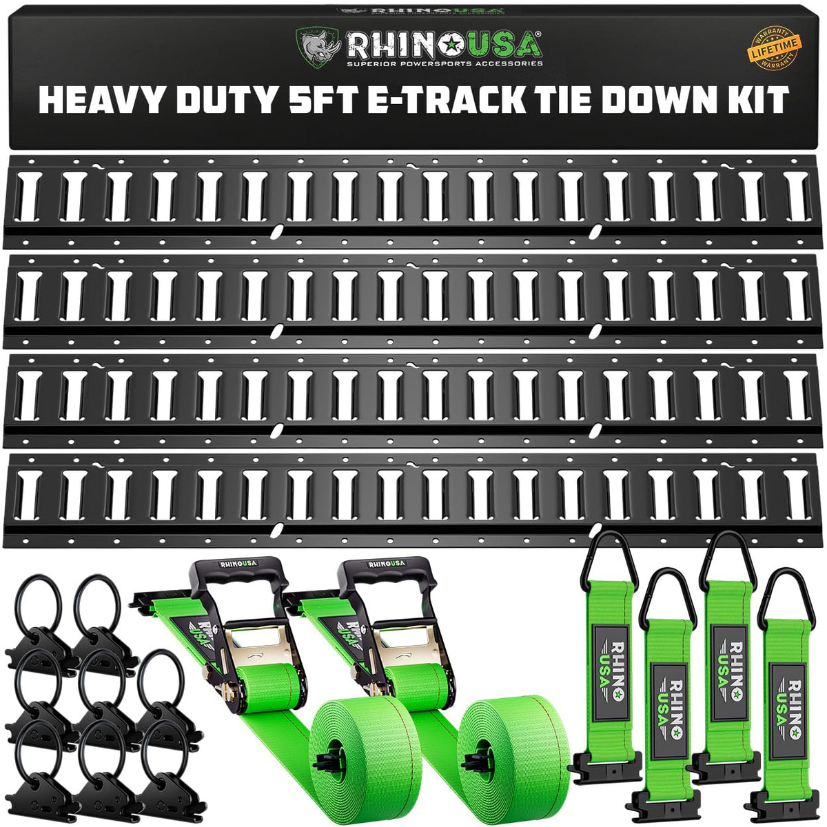 Rhino USA front view of E-track rails showing mounting points and sturdy construction