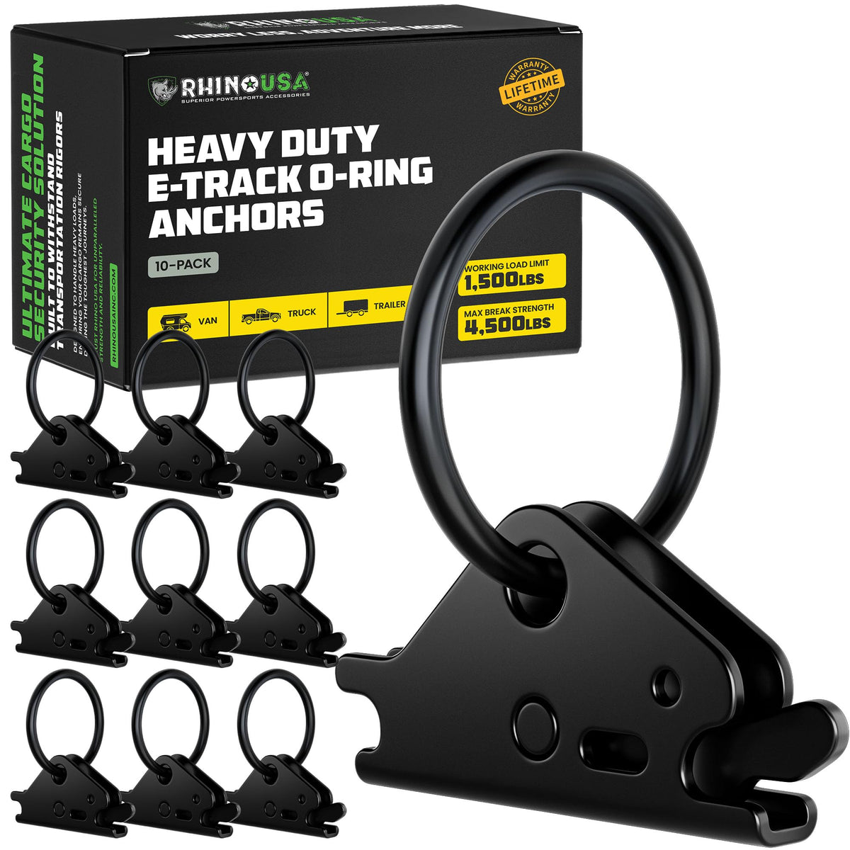Rhino USA front view of 10-pack powdercoat black O-ring anchors showing compact set benefit