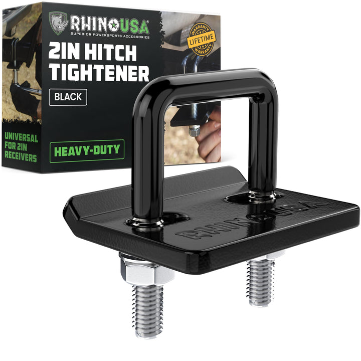 Rhino USA front view of hitch tightener showing compact design and secure clamp benefit