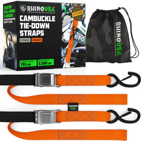 Rhino USA front pack showing two motorcycle tie down straps and branding for reliable transport