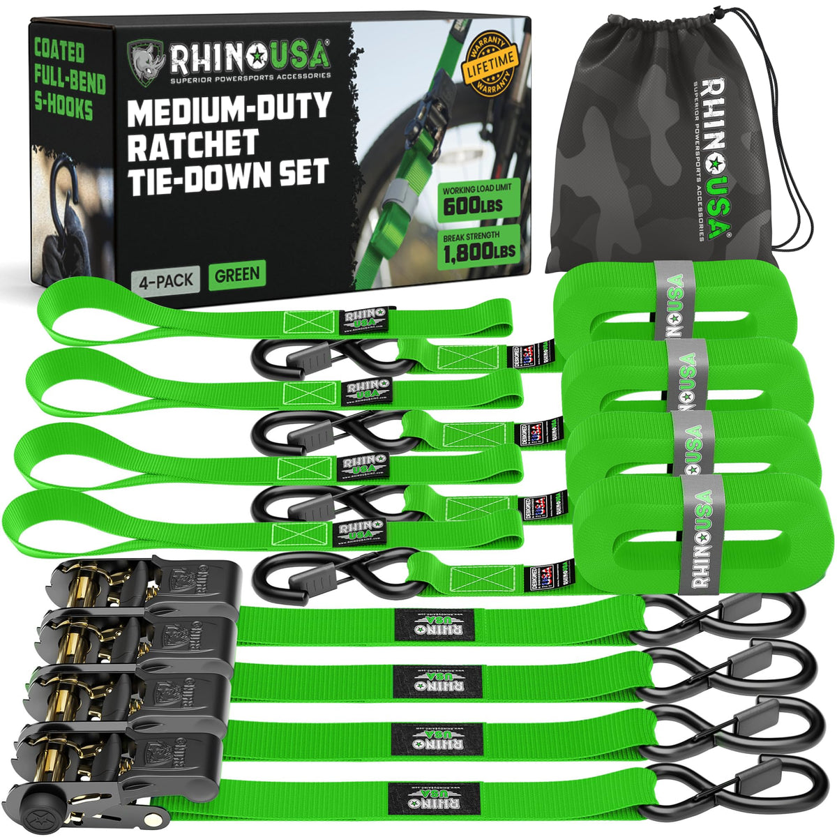 Rhino USA front packaging showing the 4-pack and product highlights for reliable hauling
