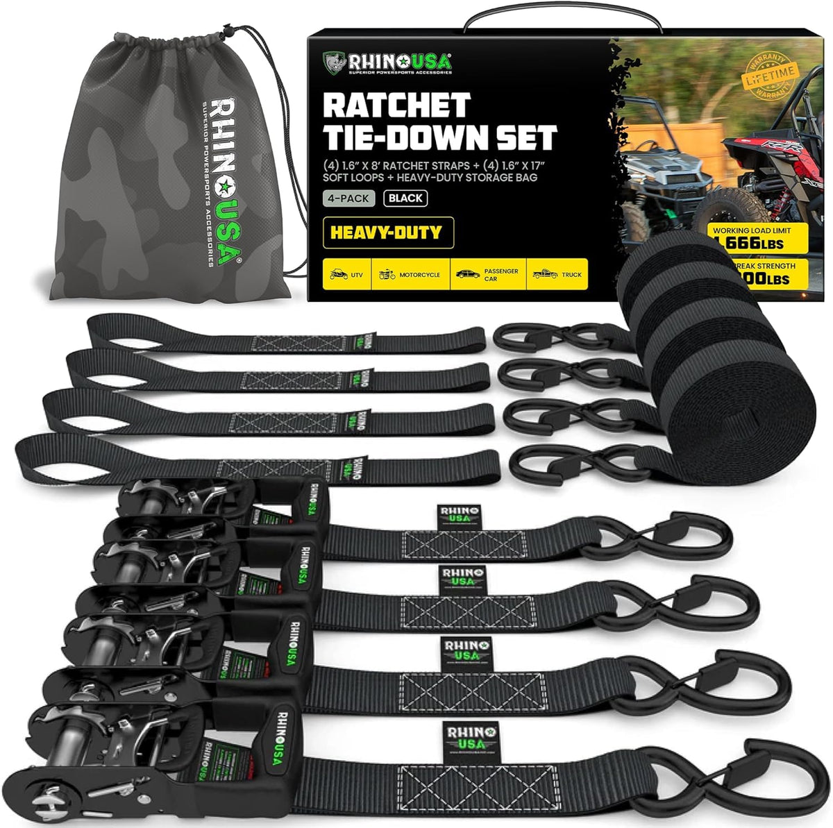 Rhino USA front packaging showing four ratchet tie down straps and benefits